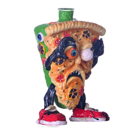 Cartoon pizza-themed glass water pipe with green base and sculpted character face.