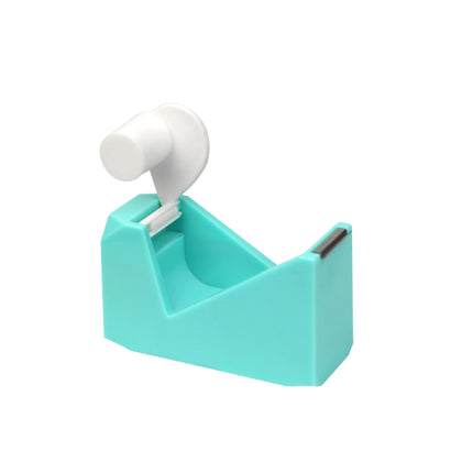 Teal tape dispenser with white tape roll and open dispensing slot