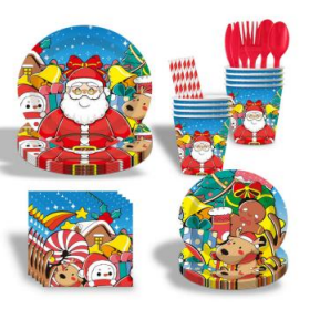 Christmas tableware set with Santa and cartoon animals, round plates, cups, napkins