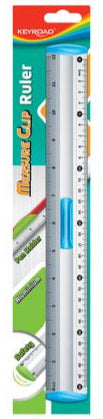 Aluminium ruler with pen clip, 30 cm, silver body with printed measurement scale