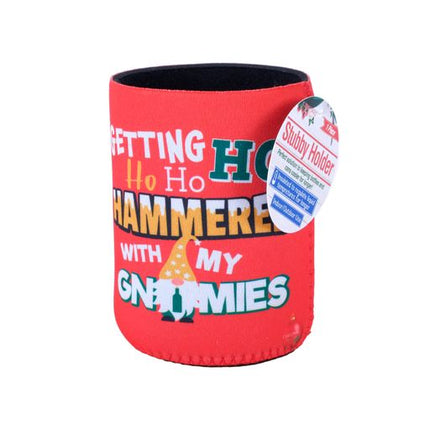 Red Christmas stubby holder with Ho ho hammered slogan and cartoon text