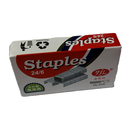 Metal staples box front view, 24/6 1000-count; gray staples pictured