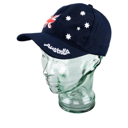 Navy adjustable baseball cap on mannequin head, Australia flag and star print