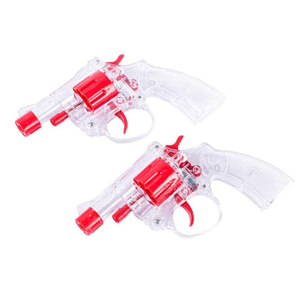 Two clear and red cap gun toys with red barrels and triggers, plastic launchers