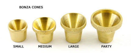 Four solid brass cone pieces: small, medium, large, and party sizes