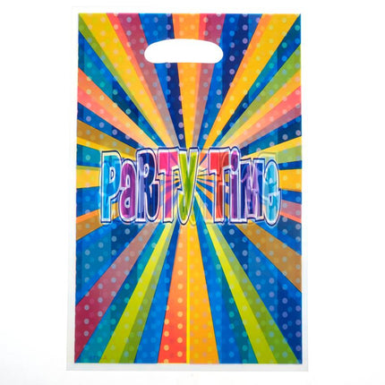 Front view of Party Time loot bag with colorful stripe starburst graphics