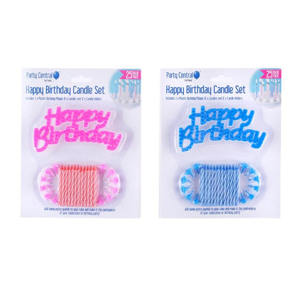 Pink Happy Birthday candle plaque set with striped candles and star toppers, 25 count.