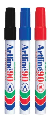 Set of permanent markers with chisel tips in black, blue, and red barrels