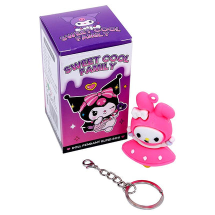 Doll pendant blind box keychain with pink character figure and metal keyring chain