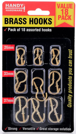 Assorted brass hooks set of 18 in blister pack, various sizes 26mm–37mm