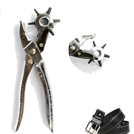 Leather belt punch tool with metal head and leather belt strap with punched holes