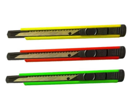 Utility craft knife set, black bodies with yellow, red, and green slide bars