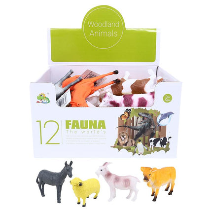 Set of 12 farm animal figurines in open box with assorted colors
