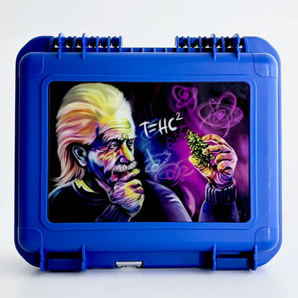 Electric LED bong in open blue travel case with colorful character artwork on window