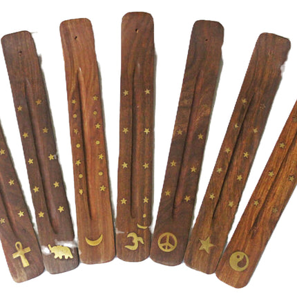 Wooden incense ash catcher boards standing upright, assorted stars, moons, peace and smiley