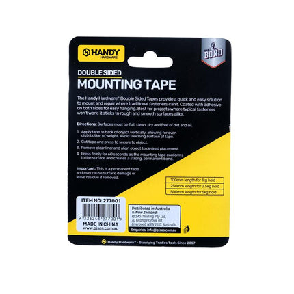 Back of HANDY double-sided mounting tape package with product information