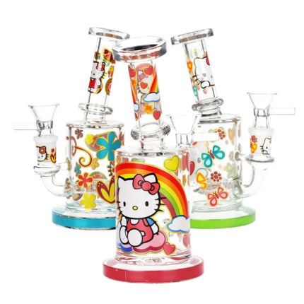 Mini glass water pipe with central Hello Kitty-style panel, rainbow and flower decals