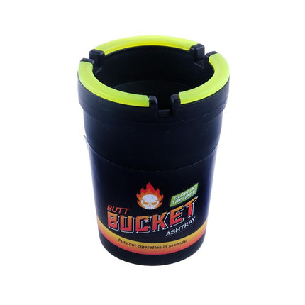 Black ashtray bucket with neon green top rim and printed Butt Bucket graphic
