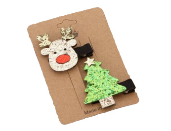Christmas tree and reindeer hairpins, 2-piece set with metal clips