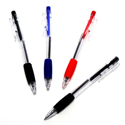 Retractable ball point pens 4-pack, clear barrels with black, blue, red grips