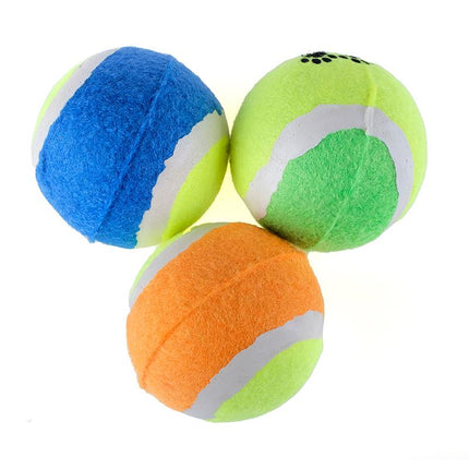 Felt tennis ball dog toys, three-pack: blue, green, orange balls with paw-print patches