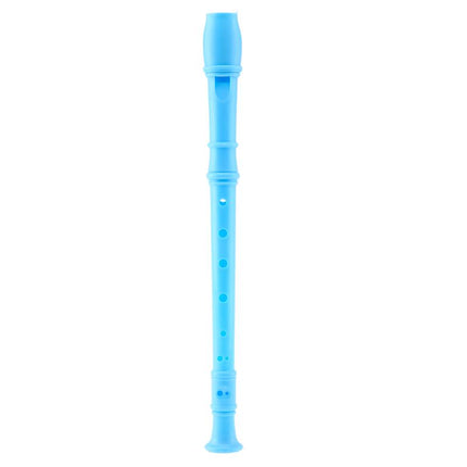 Blue plastic 8-hole toy recorder standing upright, showing multiple finger holes