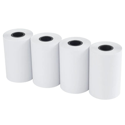 Set of four thermal paper rolls, white cylinders with visible hollow cores