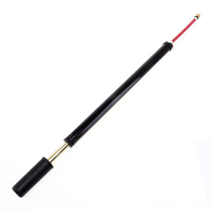 Portable bicycle pump, black cylinder with brass nozzle and red valve cap