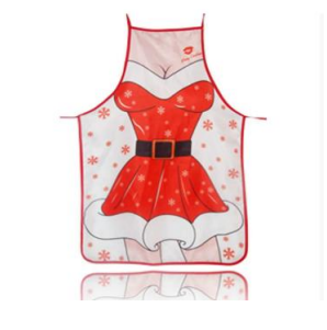 Mrs Claus Christmas apron with red dress, black belt, and white mitts