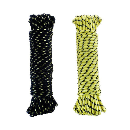 Diamond-braided poly rope coils, dark navy and neon yellow with black cross flecks