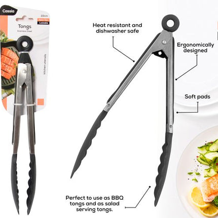 22 cm nylon-tip food tongs, ergonomic handle with soft pads and hanging loop