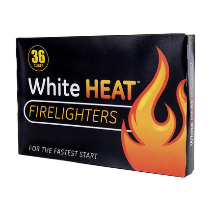 Black firelighter box with White HEAT branding, 36 cubes, flame graphics