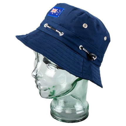 Navy bucket hat on head form, embroidered flag patch with chin drawcord