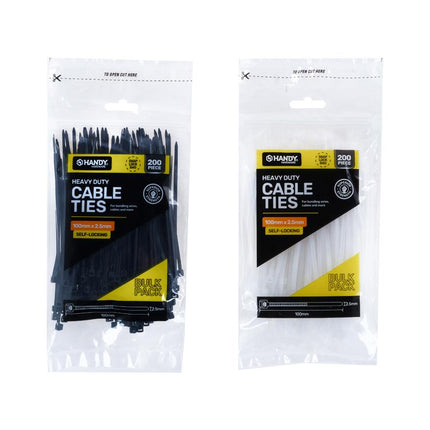 Black heavy-duty cable ties bulk pack, 200 pcs, 100mm x 2.5mm