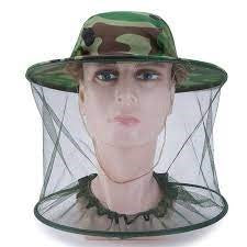 Camouflage mosquito net brim hat shown on a model with transparent net cover