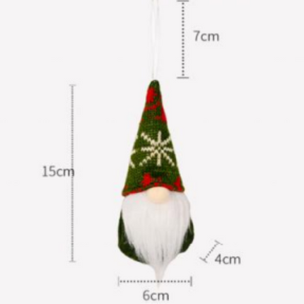 Small Christmas gnome hanging ornament, front view, green red stitched hat and white beard