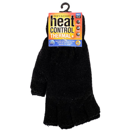 Men's fingerless thermal lined chenille gloves, black, with thumb openings