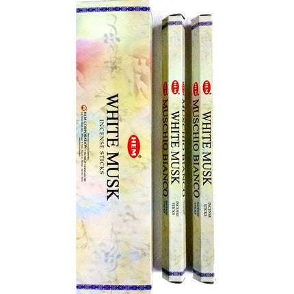 Hem White Musk hexa incense sticks in foil sleeve, two sticks visible