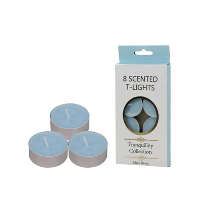 Scented tealight candles, 8-pack, light blue wax cups with wicks (Maui Beach).