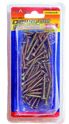 Chipboard screws in blister pack, countersunk, steel-colored fasteners