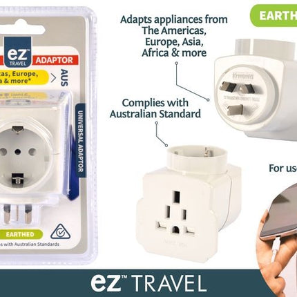Ez Travel AU universal adaptor kit, earthed outlet plug and phone charging use
