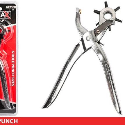 Leather belt punch pliers with 6-hole circular punch head and metal lever handles