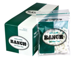 Ranch filter tips in sealed bags and display box, white tips in clear plastic pouch