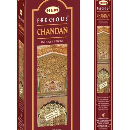 HEM Precious Chandan hexagonal incense sticks in red gift box, with one stick