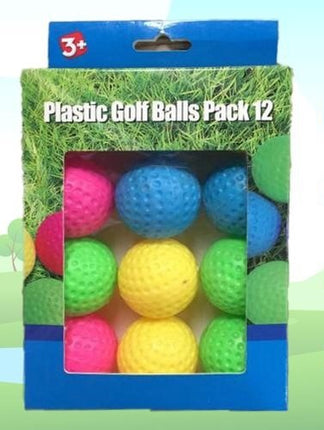 12-pack plastic golf balls in pink, blue, green, and yellow inside retail box
