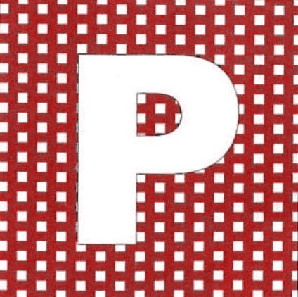 White letter P on a red perforated square plate