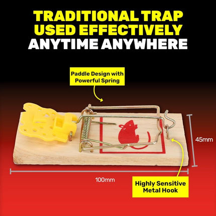 Traditional wooden mouse trap with yellow paddle, red trigger frame, and metal spring hook