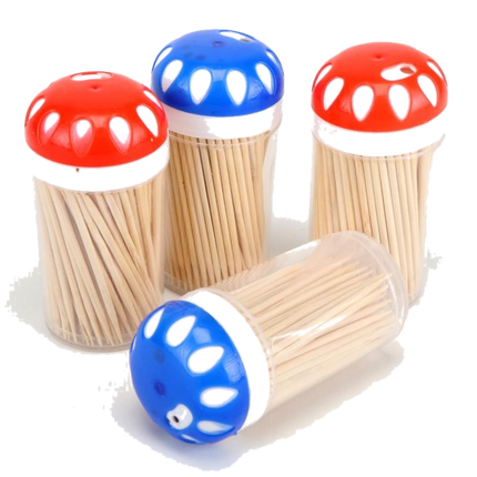 Bamboo toothpick sticks in red and blue snack holders, pack of 4.