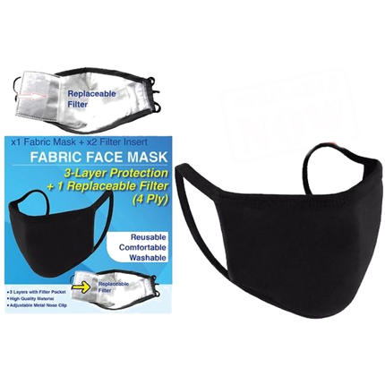 Black reusable 3-layer fabric face mask with adjustable ear loops and filter insert