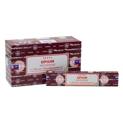 Satya Opium incense boxes, maroon with large white label, close-up of stacked pack